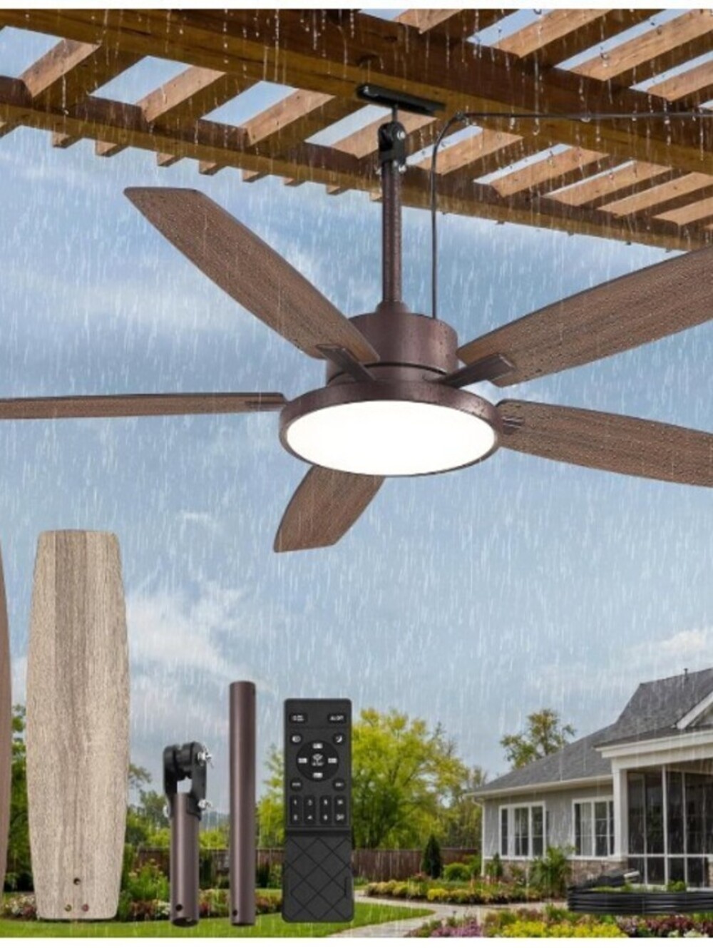 OUTDOOR CEiLING FAN-52"-3 BLADE-W/LGHT-OIL RUBBED BRONZE
